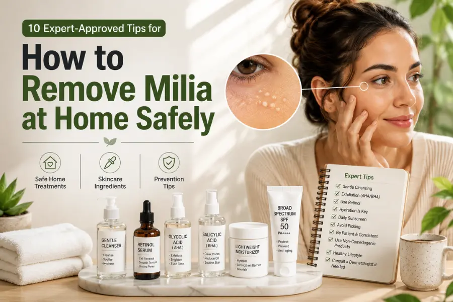 Lifestyle skincare banner showing How to Remove Milia at Home Safely with clearly visible milia, expert skincare products, and a practical at-home skincare routine.