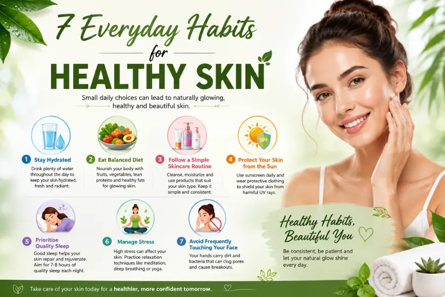 7 everyday habits for healthy skin including hydration, balanced diet, skincare routine, sun protection, quality sleep, stress management, and avoiding touching the face.