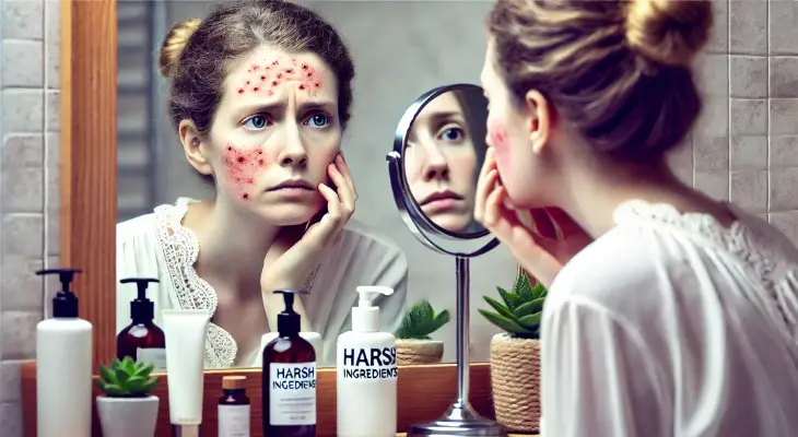 A woman examining her face in the mirror, looking worried due to visible skin issues like redness, dryness, and breakouts caused by a harmful skincare routine