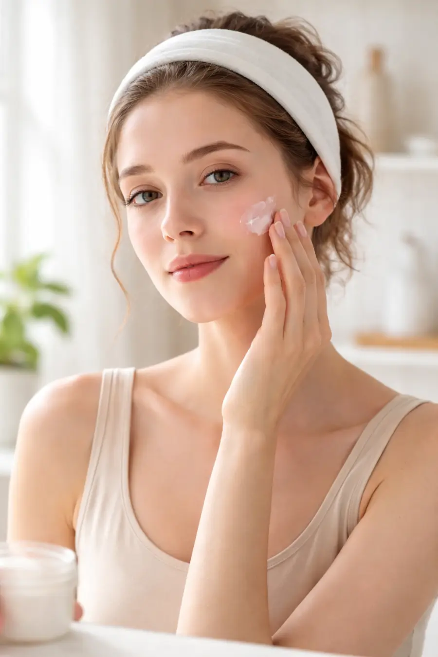 Beginner skincare routine for sensitive skin with a woman applying gentle moisturiser in a bright bathroom