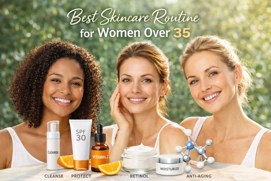 Three diverse women in their mid-30s with glowing, healthy skin smiling and applying skincare products including cleanser, SPF 30, Vitamin C, moisturizer, and retinol – Best Skincare Routine for Women Over 35