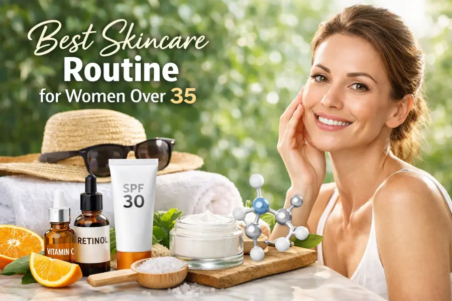 Confident woman in her mid-30s with glowing skin applying moisturizer, surrounded by skincare products including SPF 30 sunscreen, retinol, and Vitamin C – Best Skincare Routine for a 35-Year-Old Woman