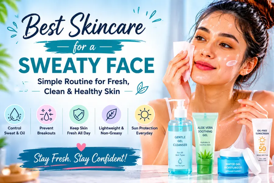Best Skincare for a Sweaty Face: A young woman with a sweaty face uses blotting paper and lightweight skincare products, including aloe vera gel, cleanser, moisturiser, and sunscreen.