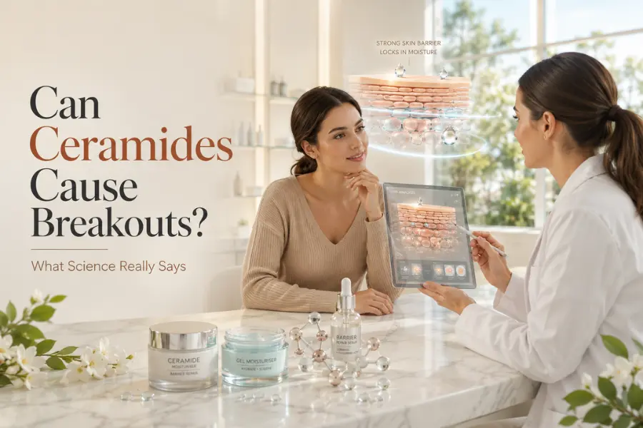 A dermatologist explains whether can ceramides cause breakouts to a woman during a skincare consultation, with ceramide moisturisers, serum, and a digital skin barrier analysis displayed in a bright, modern dermatology clinic.