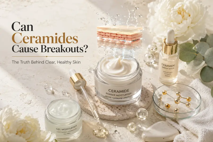 Luxury flat-lay skincare scene featuring a premium ceramide moisturiser, gel moisturiser, serum, skin barrier illustration, and scientific molecular elements explaining how can ceramides cause breakouts.