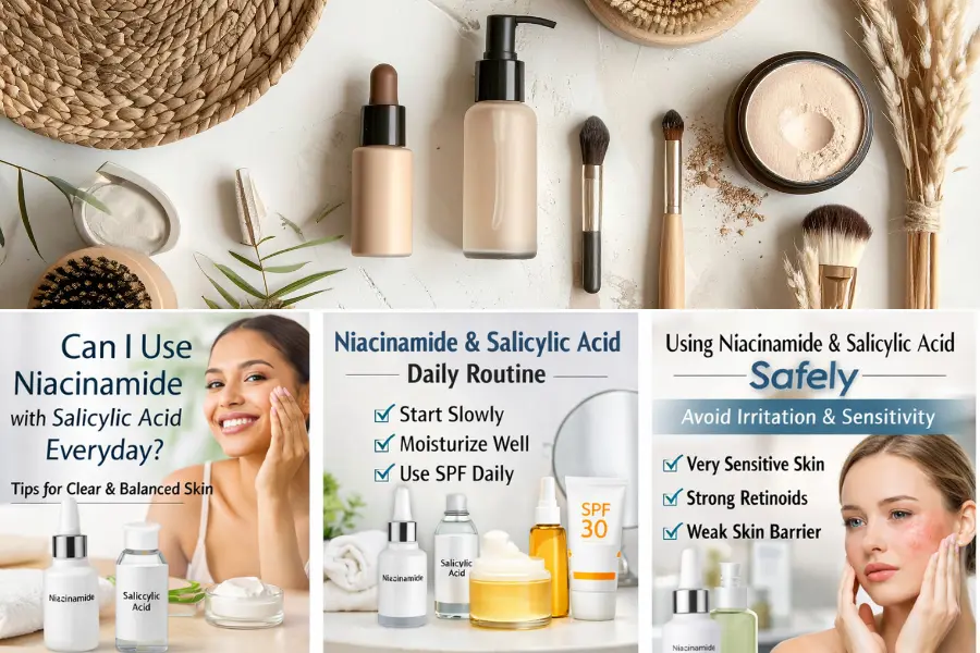 Can I use niacinamide with salicylic acid every day concept with woman applying skincare and niacinamide and salicylic acid products on table.