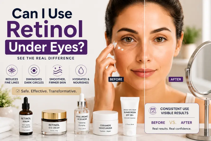 Can I Use Retinol Under Eyes? Before and after comparison of a woman applying retinol eye cream with smoother under-eye skin, alongside retinol serum, hyaluronic acid, ceramide moisturiser, and sunscreen.