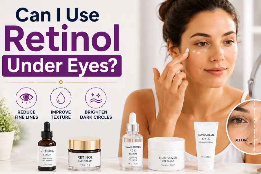 Can I Use Retinol Under Eyes? A woman applying retinol eye cream under her eyes with retinol serum, hyaluronic acid, moisturiser, and sunscreen on a vanity counter.