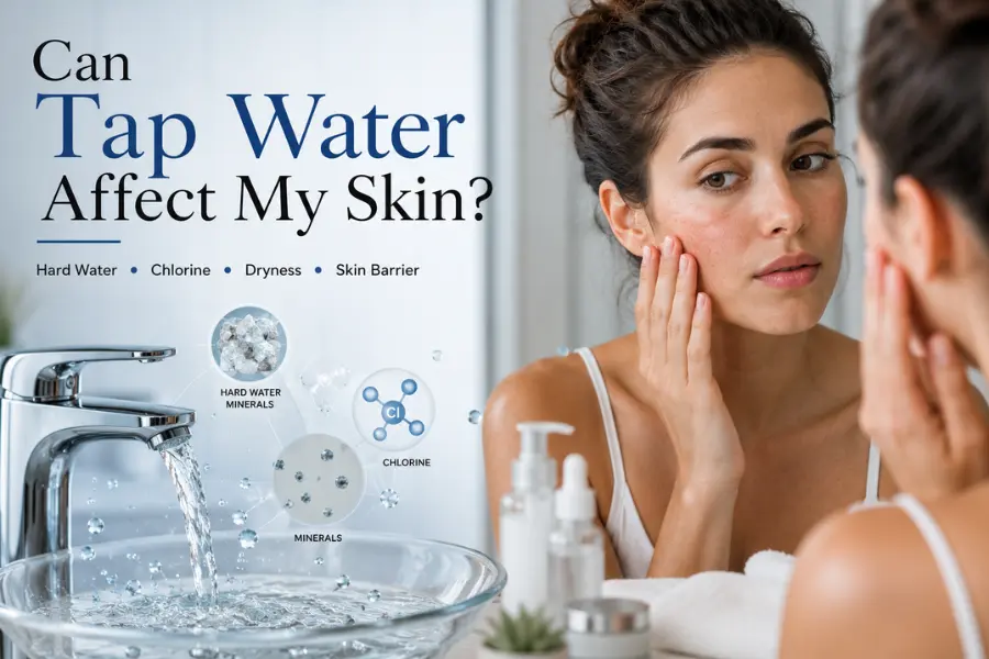 Can Tap Water Affect My Skin? Woman examining skin beside a tap with hard water and chlorine
