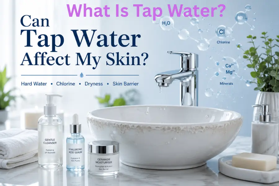 Can Tap Water Affect My Skin? Hard water, chlorine, and skincare products beside a bathroom tap
