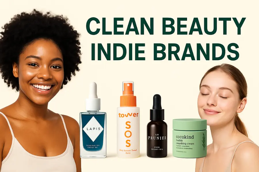 Two smiling women with radiant skin beside popular indie skincare products from Lapis, Tower 28, Le Prunier, and Cocokind, with “Clean Beauty Indie Brands” text on a beige background.