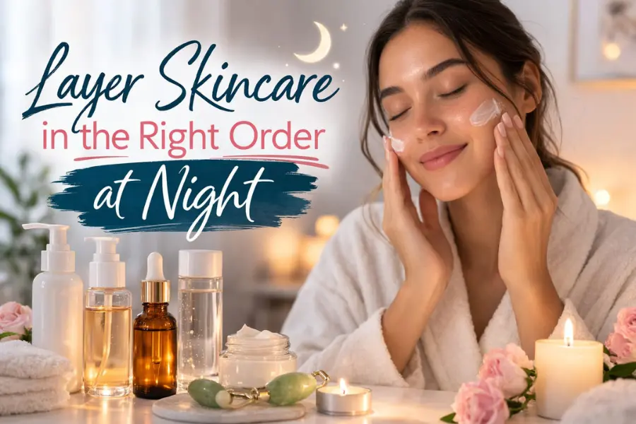 Layer Skincare in the Right Order at Night: Woman applying face cream during her night skincare routine with illustrated steps showing cleanse, tone, serum, eye cream, moisturise, and oil.