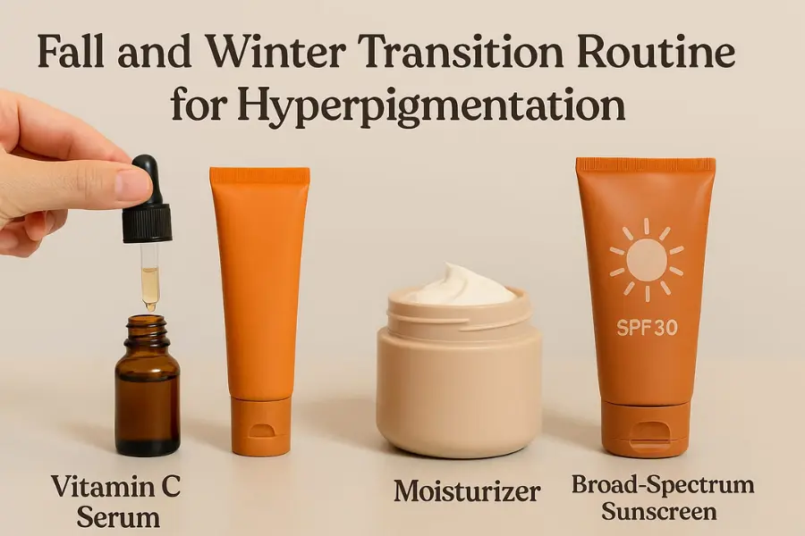 Realistic skincare banner showing the fall and winter transition routine for hyperpigmentation, with a hand holding a dropper of vitamin C serum next to a retinoid tube, moisturizer jar, and SPF 30 broad-spectrum sunscreen on a neutral background.