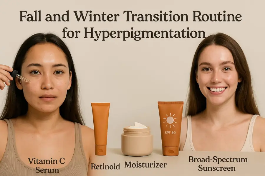 Two real women demonstrating a fall and winter transition routine for hyperpigmentation, with one applying vitamin C serum and the other smiling beside displayed skincare products — retinoid, moisturizer, and SPF 30 broad-spectrum sunscreen — on a neutral background