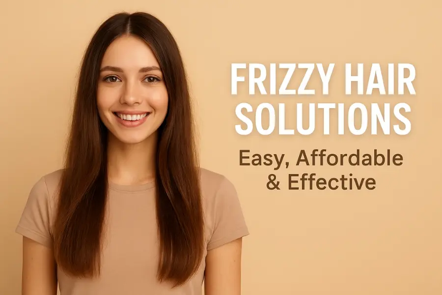 A young woman with smooth, frizz-free hair smiling against a peach background, with text highlighting frizzy hair solutions that are easy, affordable, and effective.
