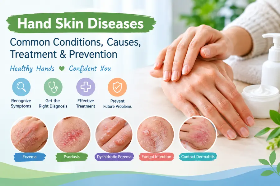 Hand skin diseases showing eczema, psoriasis, dyshidrotic eczema, fungal infections, and contact dermatitis