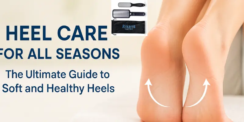 Collection of heel care products including foot creams, exfoliators, moisturizers, and foot scrubs designed to treat cracked and dry heels