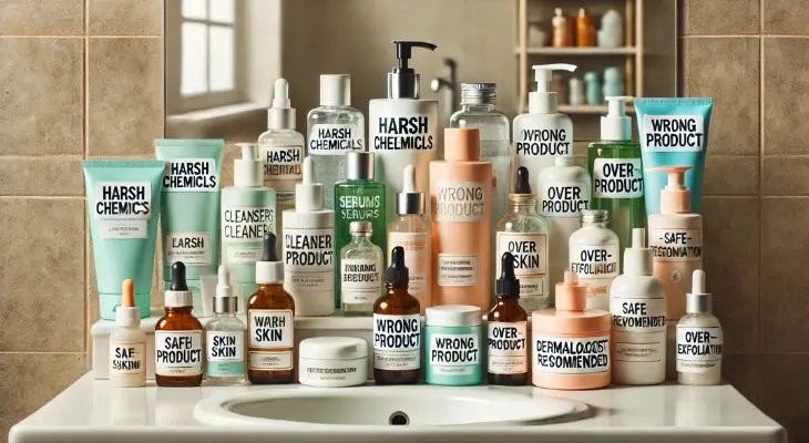 A collection of skincare products on a bathroom counter, including cleansers, serums, moisturizers, and sunscreens. Some products are labeled with wrong and harmful skincare Routine