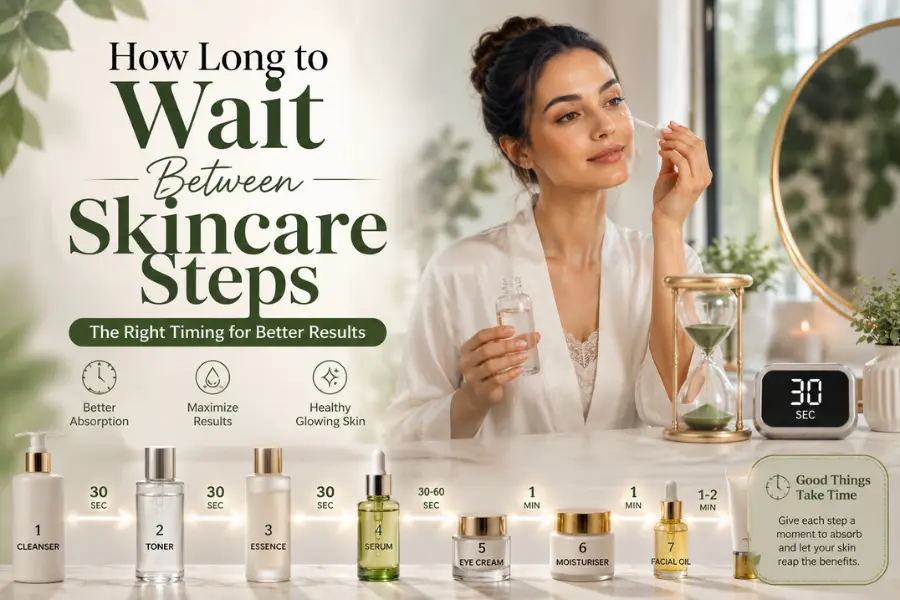 A woman applying facial serum during her skincare routine with a skincare timing guide, hourglass, and product layering illustration showing how long to wait between skincare steps.
