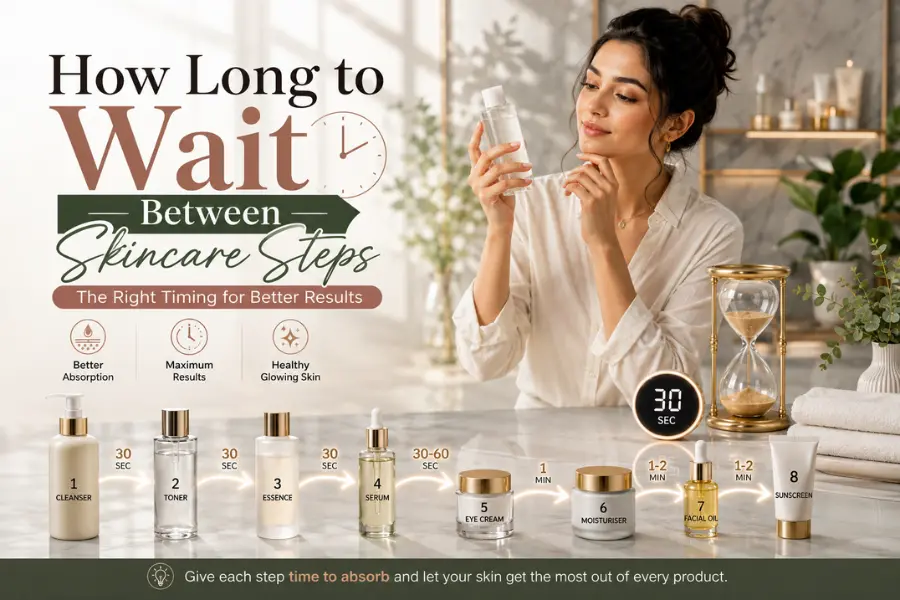 Luxury skincare banner showing a woman examining skincare products with a timer, hourglass, and skincare layering guide explaining how long to wait between skincare steps.