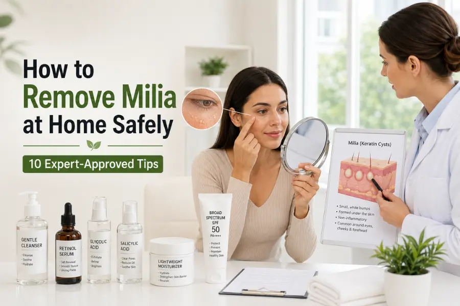 Banner showing How to Remove Milia at Home Safely with a dermatologist explaining visible milia around the eye, skincare products, and expert treatment recommendations.