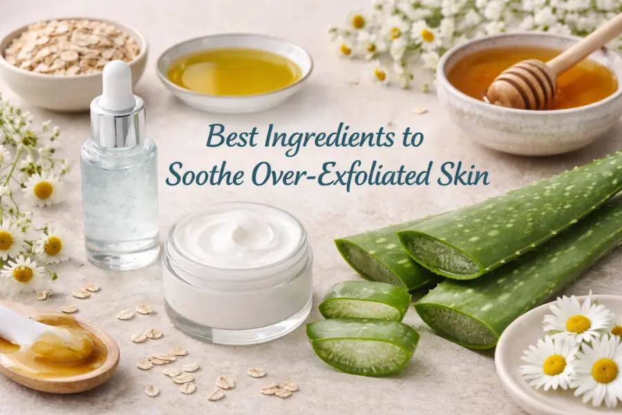 Natural skincare ingredients like aloe vera, honey, oats, and moisturizer used in routines showing how to repair over-exfoliated skin fast
