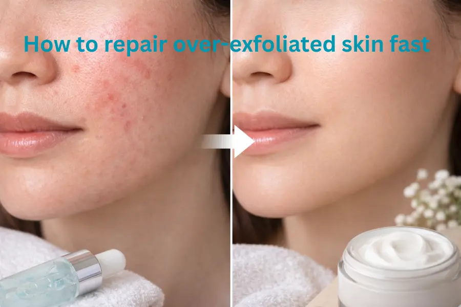 Before and after comparison showing how to repair over-exfoliated skin fast with hydration and barrier-repair skincare