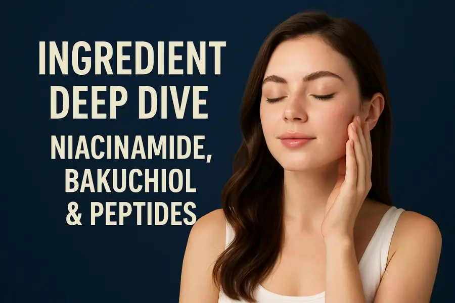 A young woman with smooth, glowing skin gently touches her face against a navy-blue background with the text “Ingredient Deep Dive Series: Niacinamide, Bakuchiol & Peptides,” representing dermatologist-approved skincare ingredients.