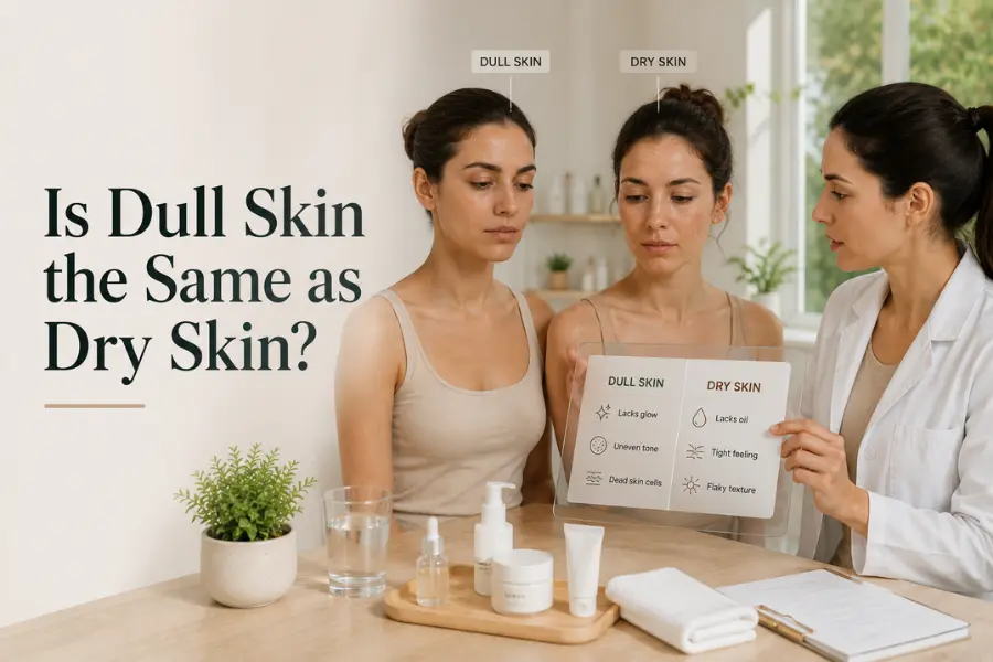 Dermatologist comparing dull skin and dry skin with two women during a skincare consultation, explaining the key differences between the two skin concerns.