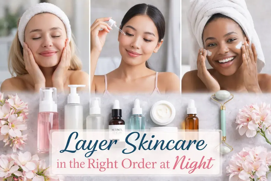 Layer Skincare in the Right Order at Night - Three women applying skincare products during their nighttime routine with cleanser, serum, moisturizer, and facial oil showing the correct order of skincare layering.