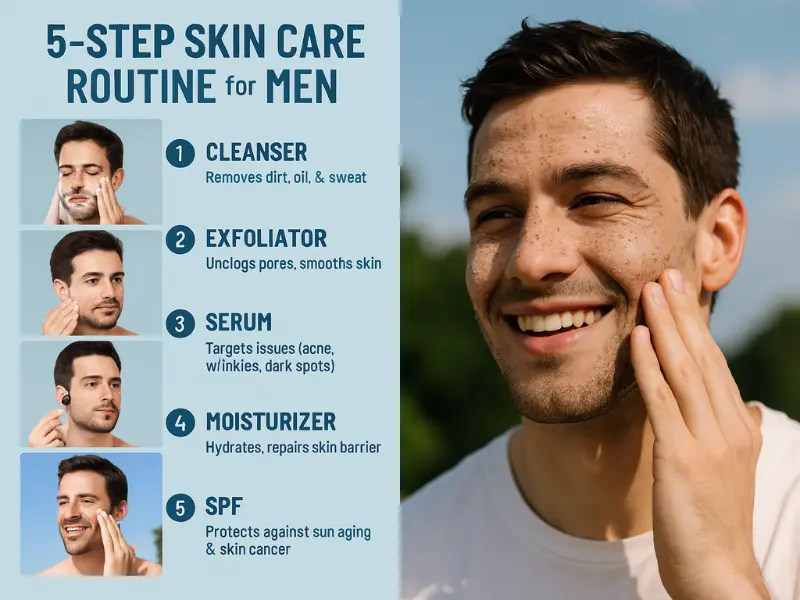 5-Step Skin Care Routine for Men: A man is exfoliating his face with a scrub. Exfoliating dead skin cells in a man’s skincare routine