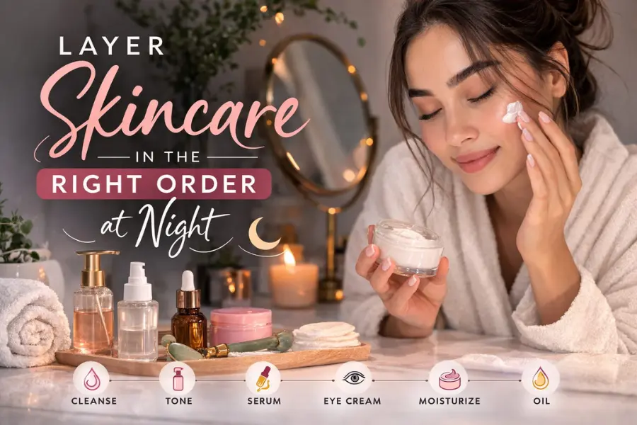 Layer Skincare in the Right Order at Night - Woman applying moisturizer during her nighttime skincare routine with skincare products like cleanser, serum, and facial oil arranged on a vanity.