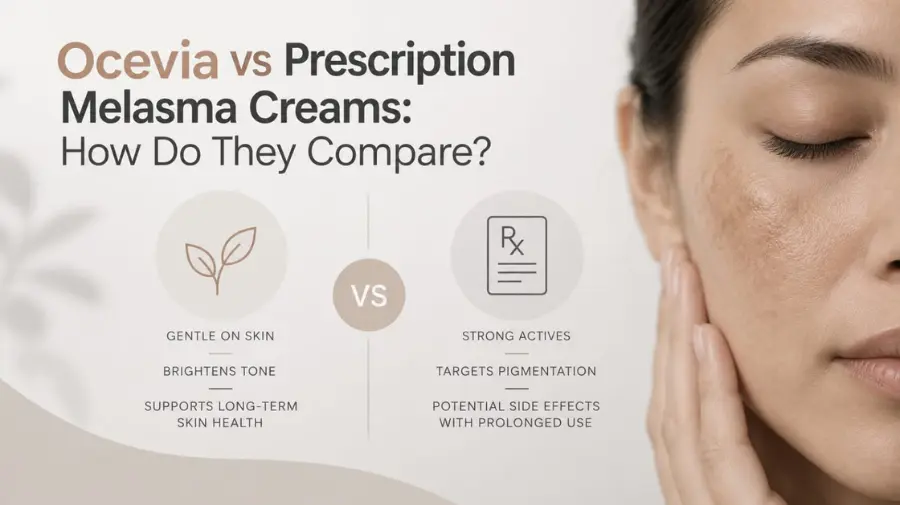 Ocevia vs Prescription Melasma Creams comparison showing gentle skincare benefits versus prescription treatments for facial pigmentation.