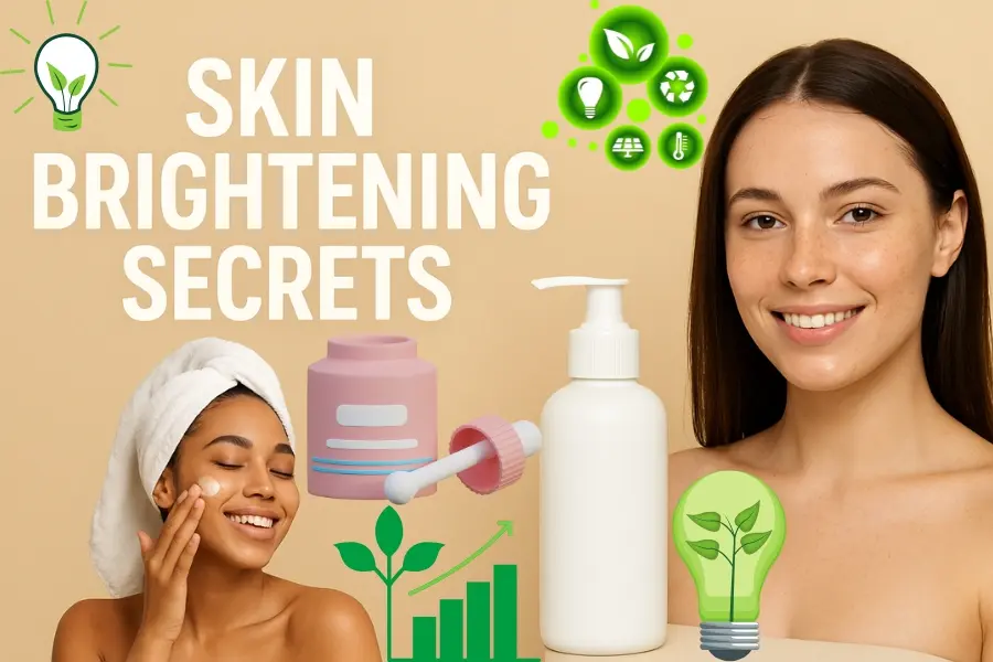Two women with glowing, healthy skin pose confidently on a soft beige background. One applies a brightening cream with a radiant smile, while the other holds a white skincare product bottle. The bold text “Skin Brightening Secrets” highlights the theme of natural radiance and dermatologist-approved skincare routines.