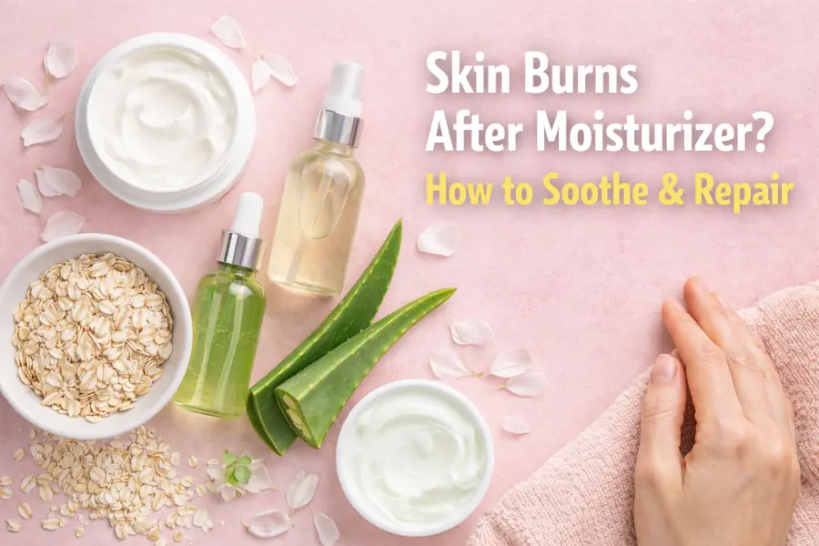 Skin Burns After Moisturizer What To Do: Soothe & Repair Tips
Flat lay of soothing skincare products including moisturizer, aloe vera, serums, and oatmeal on a pastel pink background, with a hand gently touching skin, illustrating how to relieve burning after moisturizer.