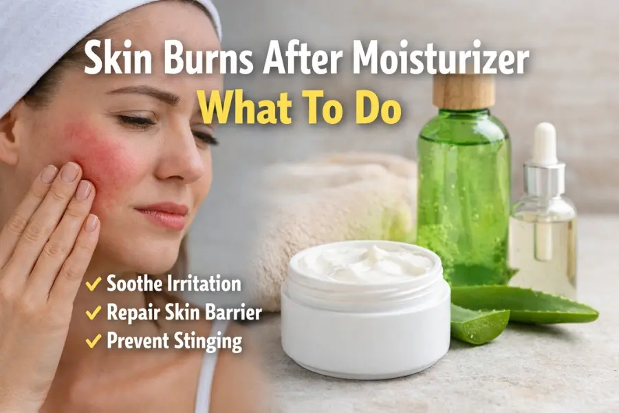 Skin Burns After Moisturizer – What To Do: A woman with red, irritated skin gently touches her cheek, surrounded by soothing skincare products like aloe vera gel and moisturizer, illustrating how to relieve burning after moisturizer.