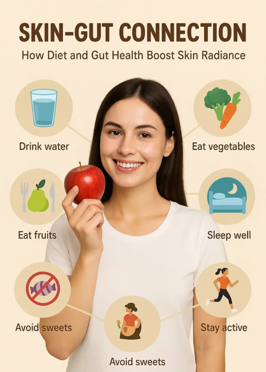 Realistic image of a smiling young woman holding an apple, surrounded by icons representing healthy habits like drinking water, eating fruits and vegetables, sleeping well, staying active, and avoiding sweets — all visually supporting the Skin-Gut Connection and its role in glowing skin.