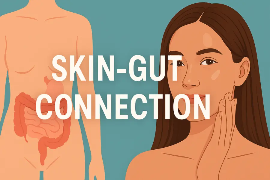 Illustration showing the skin-gut connection with digestive organs and a glowing-skinned woman to highlight how gut health affects skin radiance