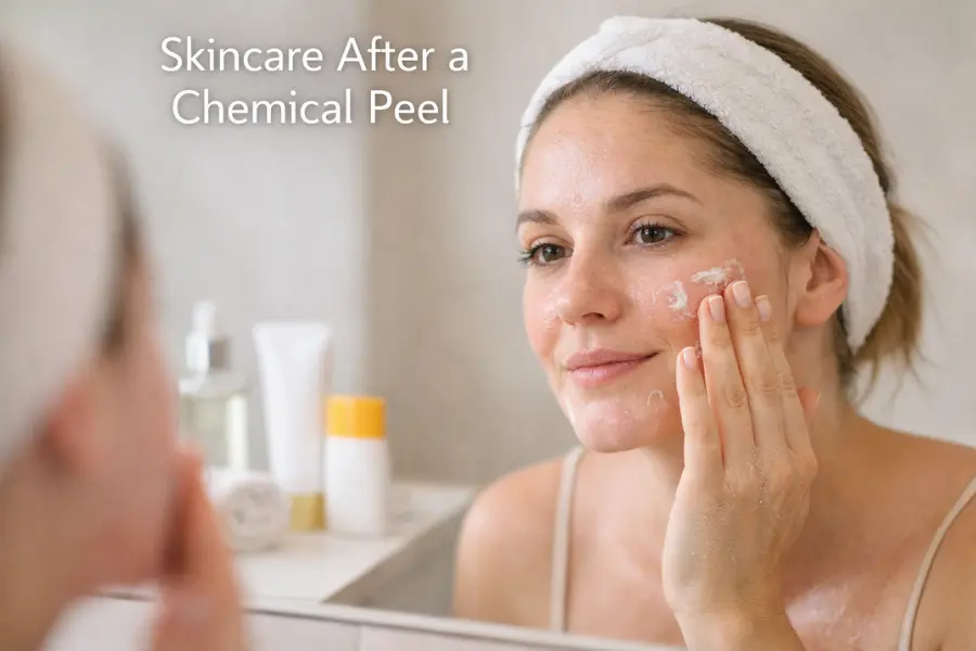 Skincare after a chemical peel with a woman applying moisturiser at home