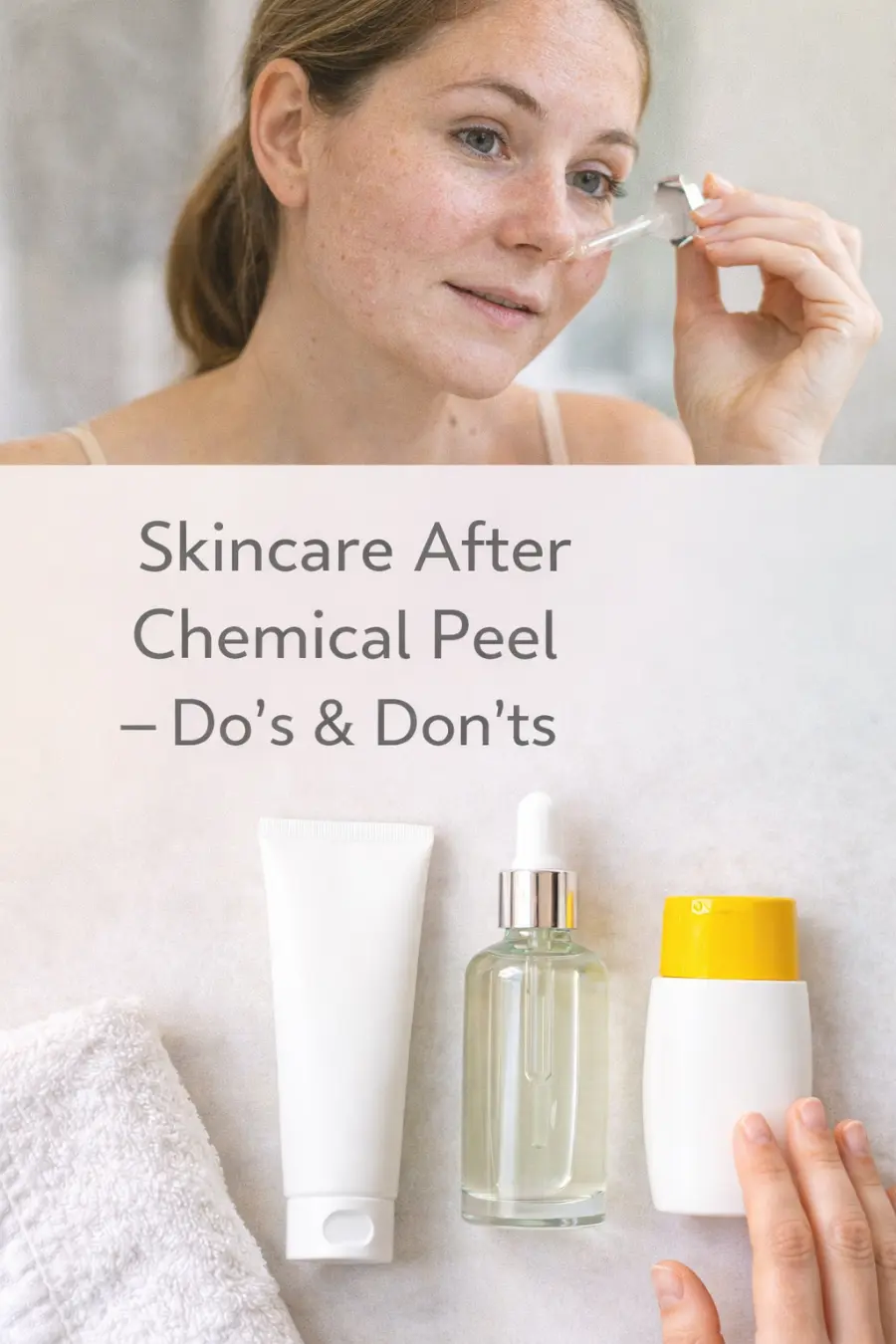 Skincare After a Chemical Peel: Pinterest-style vertical image showing a woman applying serum with slightly peeling skin and skincare products below.
