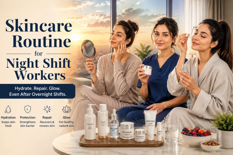 Skincare Routine for Night Shift Workers – Three women following a skincare routine after an overnight shift with cleanser, hydrating serum, moisturiser, sunscreen, eye cream, healthy snacks, and a sunrise in the background.