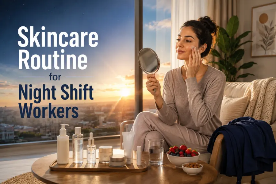 Skincare Routine for Night Shift Workers – Woman applying moisturiser by a large window after an overnight shift with skincare products, water, and healthy snacks, demonstrating a skincare routine for night shift workers.