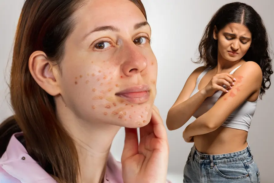 Two women affected by spring allergy skin care issues—one with acne-like allergic breakouts on her face, and the other scratching a red, irritated rash on her arm—highlighting common skin reactions during allergy season.