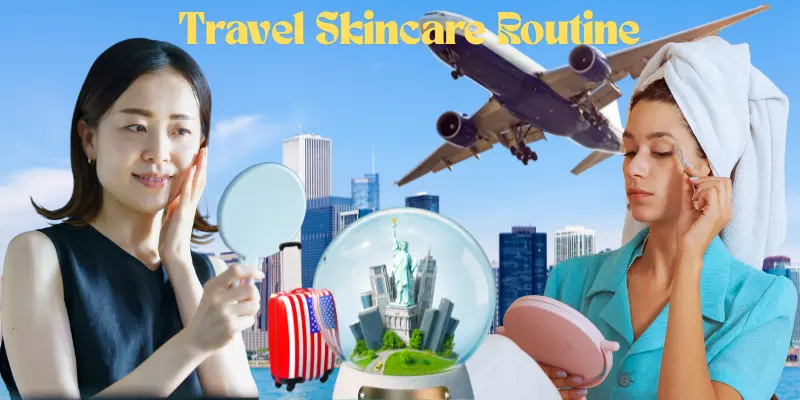 Two young girls with glowing skin kits and smiling, holding Mirror and skincare products, showcasing a travel skincare routine in a scenic outdoor setting.