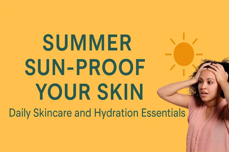 Banner image with the text "Summer Sun-Proof Your Skin: Daily Skincare and Hydration Essentials" on a warm yellow background with a sun icon, highlighting summer skincare protection.