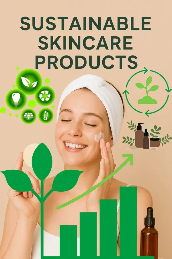 Young woman smiling while holding eco-friendly skincare products, including a glass jar and natural soap, with text overlay reading “Sustainable Skincare Products.”
