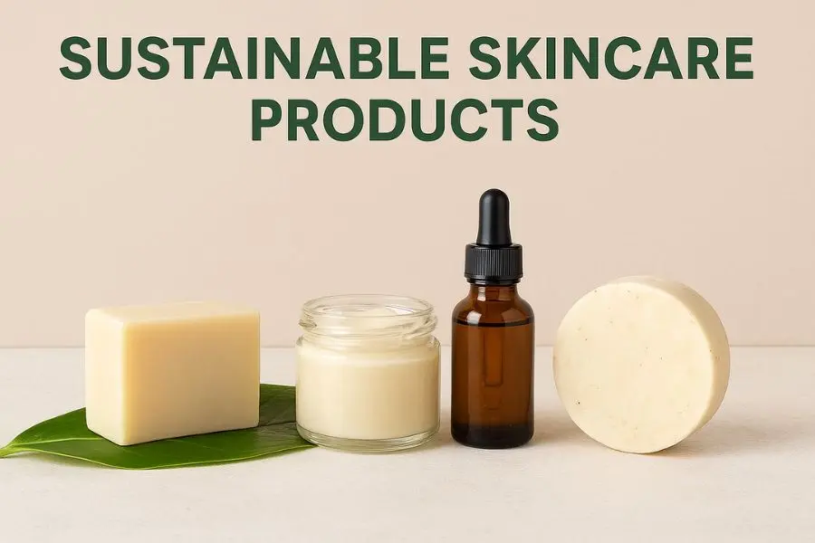 Eco-friendly skincare products including a natural soap bar on a green leaf, a glass cream jar, an amber dropper bottle, and a round solid cleanser, displayed under the heading “Sustainable Skincare Products.”