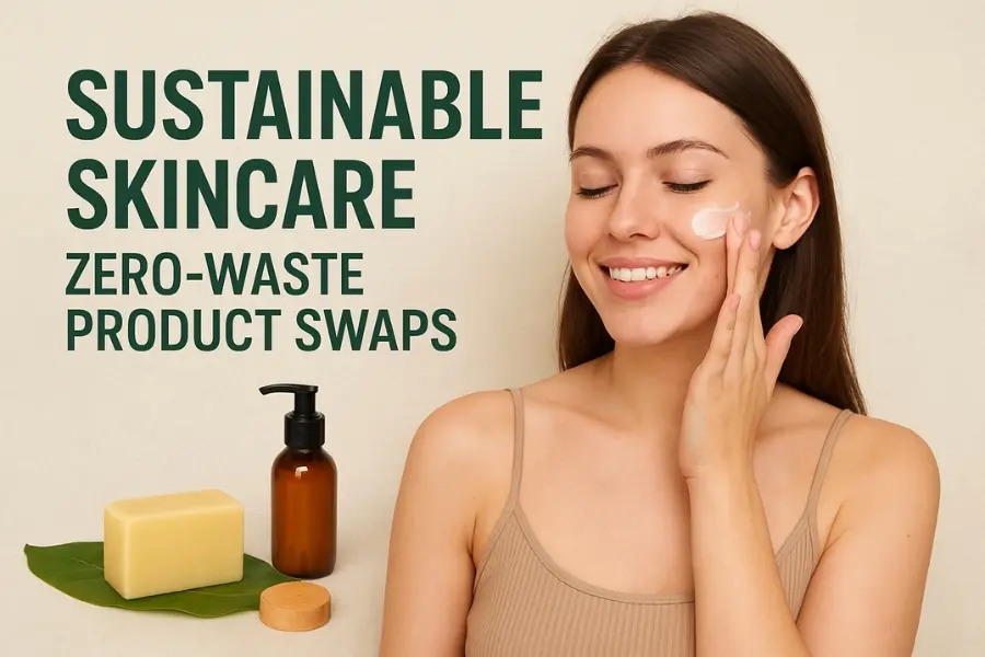 Smiling young woman applying cream to her cheek with eco-friendly skincare products like a bar soap, glass jar, and amber pump bottle placed on a green leaf, alongside bold text reading “Sustainable Skincare: Zero-Waste Product Swaps.”