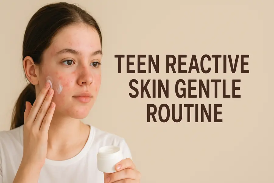 Teenage girl applying cream as part of her teen reactive skin gentle routine, helping calm redness and sensitive skin with a simple skincare product.