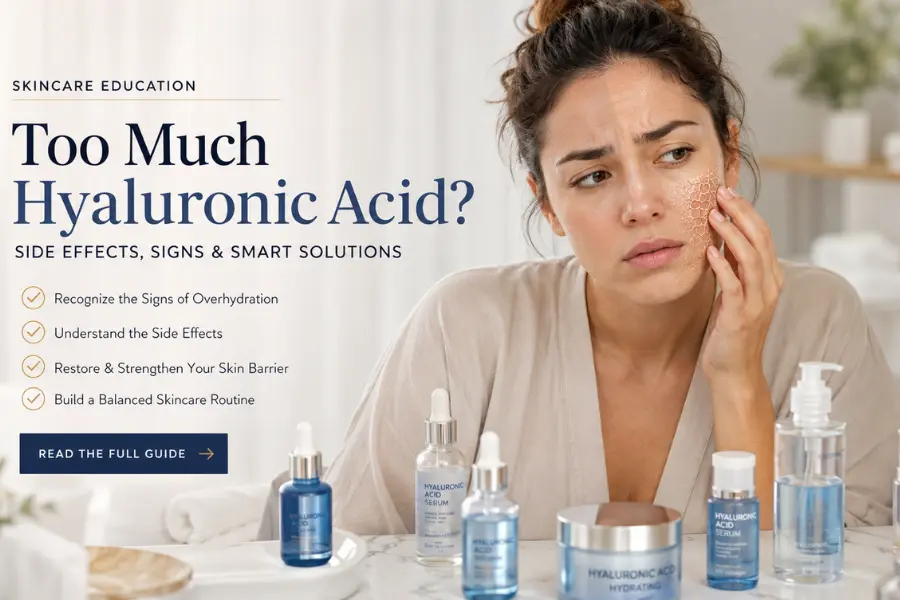 Woman examining dry irritated facial skin in mirror with skincare products around, representing too much hyaluronic acid side effects and skin hydration imbalance.